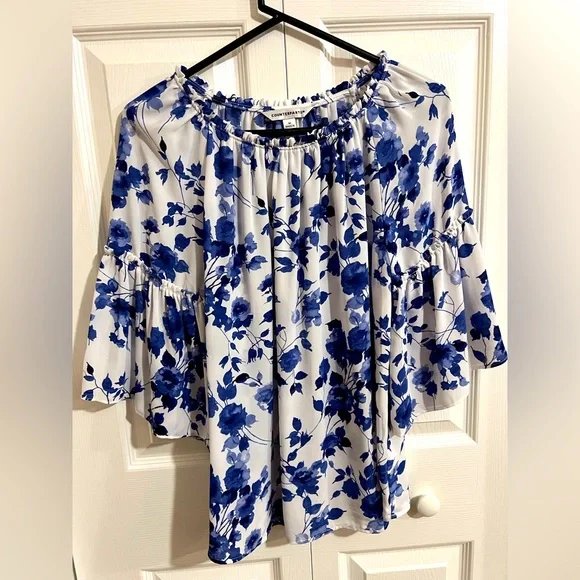 Counterparts white floral 3/4 Length Flounce Sleeve Blouse Size Medium - Picture 1 of 4